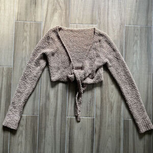 SKIMS Fuzzy Sherpa Tan Brown Tie Sweater Cropped Cardigan Lounge Top Women's S/M
